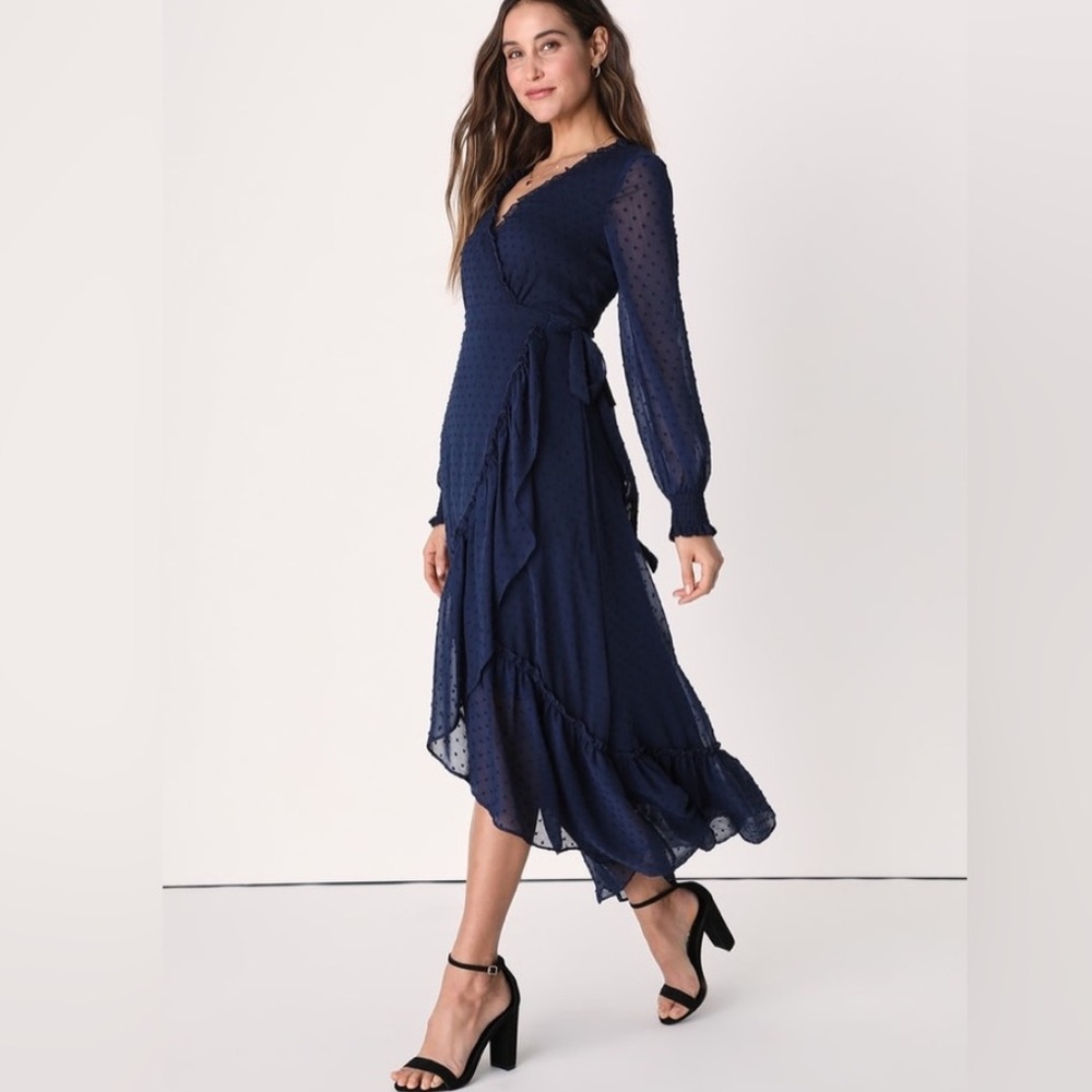 NWT LULU’S Navy Blue Swiss Dot High-Low Maxi Dress Size XS